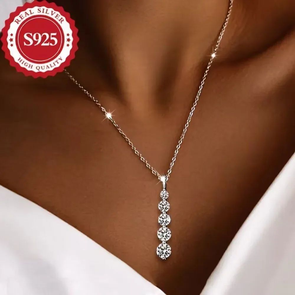 NWE Sparkling 5 Graduated Cubic Zirconia Stones S925 Silver-Plate  Necklace